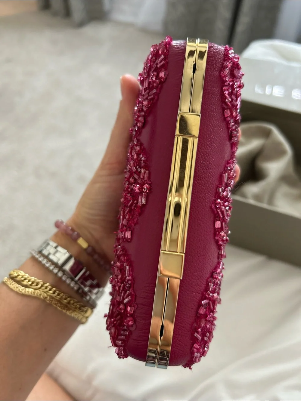 Elie Saab Pink Beaded Satin Minaudière with Gold Chain